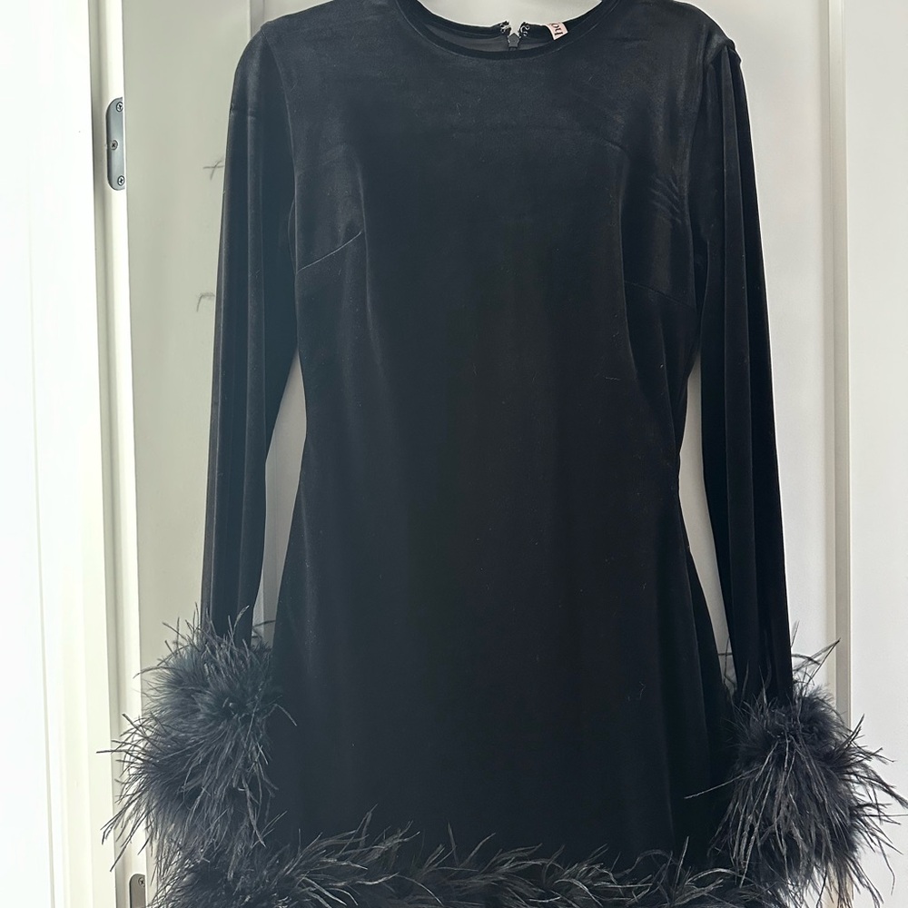House of CB Black Long Sleeve Dress with Feather Trim